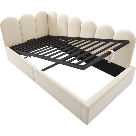 Cama diván 90x200 cm de terciopelo beige con almacenamiento hidráulico, sin colchón (1/5)