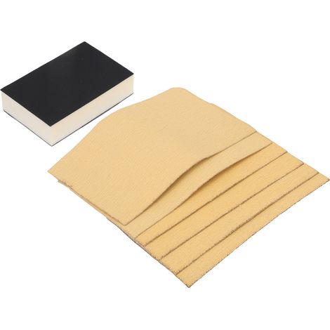 Papier de verre jaune floqué auto-adhésif, grains 80/120/240, avec bloc éponge. (1/5)