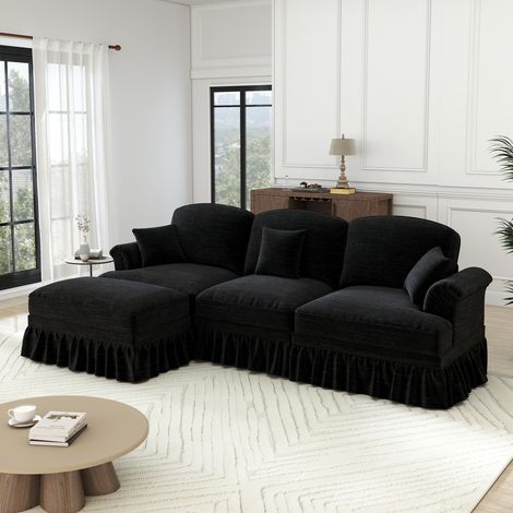 Canapé d'angle en velours chenille noir, 3 places, style vintage, accoudoirs inclinés, housse de tablier amovible, pieds fuselés, pouf mobile – salon profond, ensemble modulable