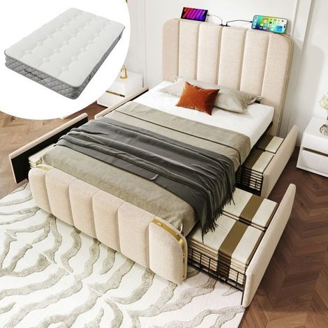Lit une place 90x200, tête de lit velours beige bandes dorées, 4 tiroirs ports USB-C matelas inclus (1/5)