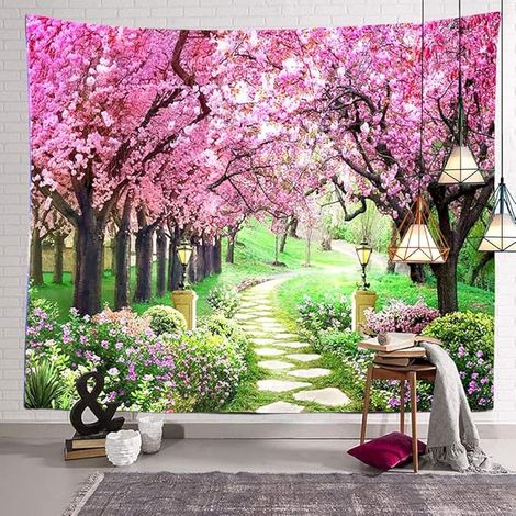 BEBUSINGOTO Wandteppich mit Baumblumen, Waldweg, rote Kirschblüte, dekorativer Wandteppich zum Aufhängen, geeignet für Schlafzimmer, Wohnzimmer, Wohnheim (150 x 130 cm) (1/5)
