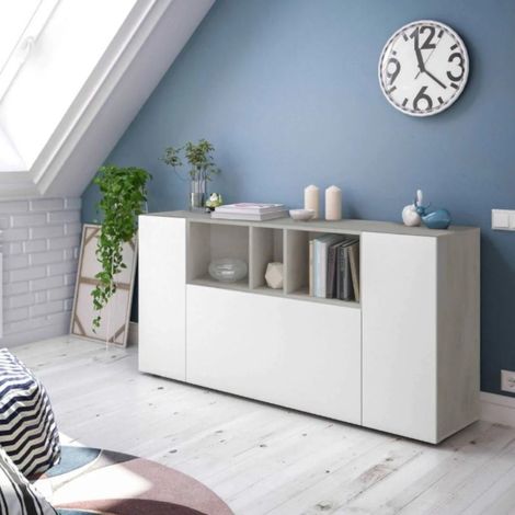 Dmora Aparador Paterson, Aparador moderno con 3 puertas, Buffet de salón con compartimentos, Aparador de salón, gabinete de TV, cm 150x41h76, Blanco y Cemento, con embalaje reforzado (1/5)