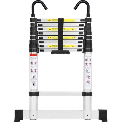 Randaco Silberne Aluminium-Teleskopleiter 2,6 m mit 2 Haken und Stabilisator, belastbar bis 150 kg