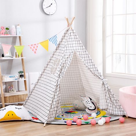 Indoor Indian Teepee Tent Play House Wood Support for Kids, Grid