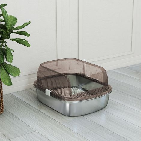 Lettiera in acciaio inox 53x42x27 cm grigio carbone, pareti alte, per gatti grandi – MEUBLIV (1/5)