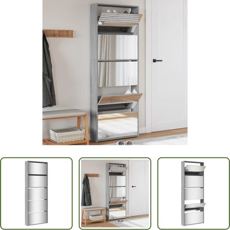 vidaXL Schuhablage - Schuhschrank mit Spiegel 5 Fächer Grau Sonoma 63x17x169,5 cm (1/5)