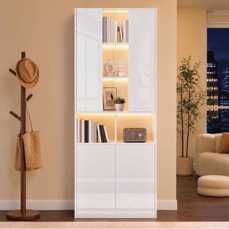 Armoire haute 70x35x180 cm en MDF blanc, avec rangement et LED, pour salon FLORAGRACE (1/5)