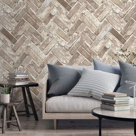 Papier peint trompe l'œil brique chevron 53x1000cm (1/4)