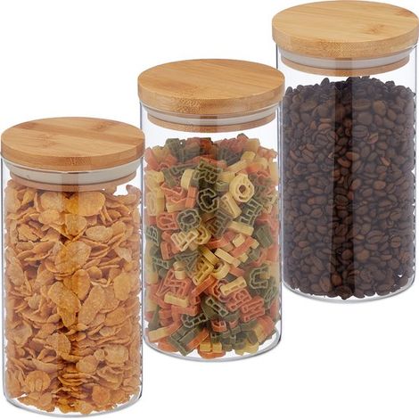 Barattoli per alimenti con coperchi in bambù, 3 pezzi, 1000 ml, ermetici, trasparenti/naturali (1/5)