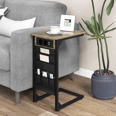 Lot de 2 Tables d'Appoint en Forme de ‘C’ en Métal Station de Charge Poches de Rangement Latérales 2 Prises et 2 Ports USB Marron Rustique Maison Chic (1/5)