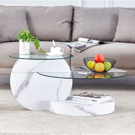 Table basse ronde 2 niveaux en verre de sécurité et MDF effet marbre blanc 90 x 44 cm (1/5)
