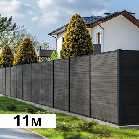 Kit Clôture Bois Composite Ardoise 11x1,8m SANTOS - Poteaux en Aluminium Gris - Brise Vue - Palissade
