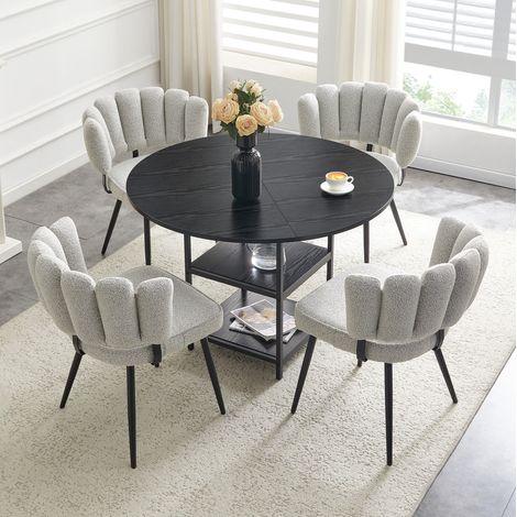 Conjunto de mesa de comedor con 4 sillas (107x107x75 cm), doble estante abierto, MDF y metal negro, tela gris claro (1/5)