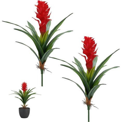 Lot de 2 broméliacées artificielles Gingembre Torch 45 cm en pot décoration intérieure/extérieure maison bureau (1/5)