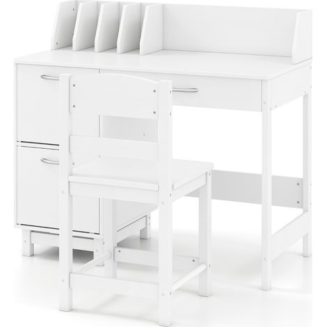 Postazione di lavoro per studenti in legno con divisori per libri, Scrivania per bambini con sedia per bambini 3+ anni Bianco