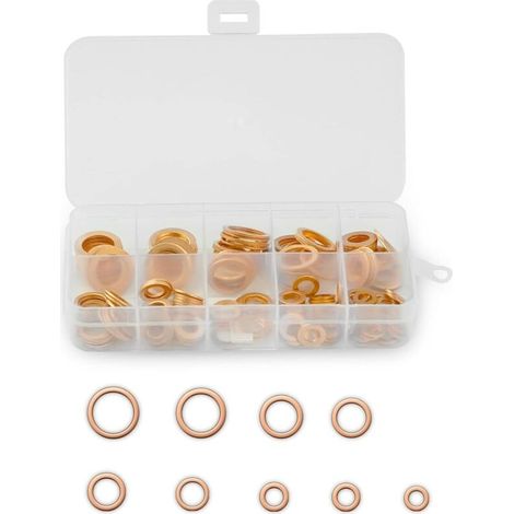 200 Pièces Cuivre Rondelles Metal, Rondelles plates en cuivre Bague d'étanchéité, Joints plats en laiton avec boîte de tri, convient aux fixations à vis (M5/M6/M8/M10/M12/M14)