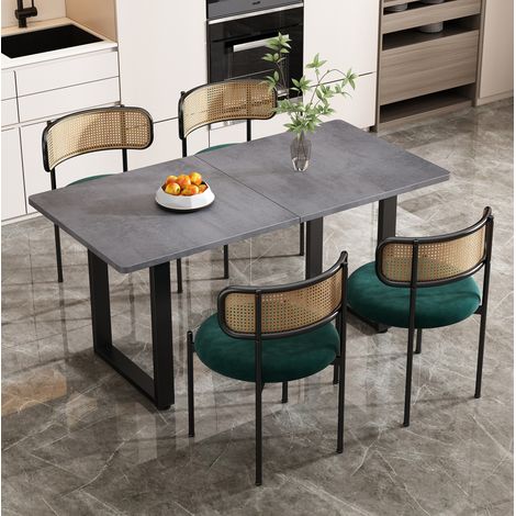 Juego de 4 sillas de comedor de terciopelo verde con respaldo efecto ratan y patas metalicas,51×51×75cm (1/5)