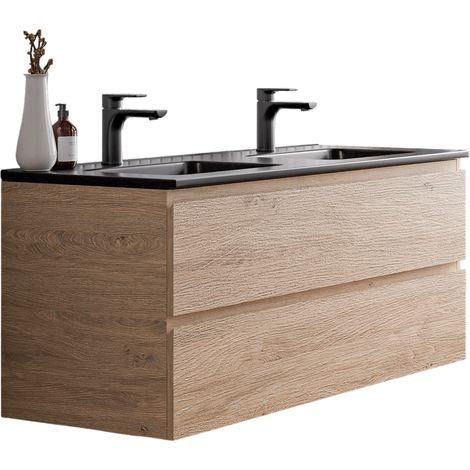 Unterschrank Bernstein AVA 120 cm mit Keramik Waschbecken - Badmöbelfarbe Eiche Honiggold, Waschbecken Schwarz matt