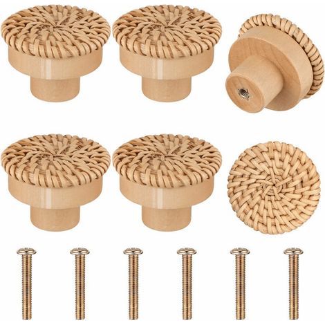 Lntyq Lot de 6 boutons de meubles en rotin et bois, poignées de tiroir, boutons de porte ronds pour placards, armoires, commodes, meubles de cuisine - Marron (1/5)