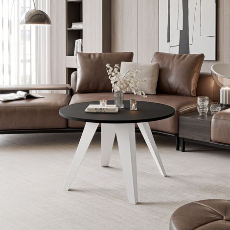 Table Basse Ronde FERRO - 75x50 cm - Style Industriel - Structure en Metal - Blanc/Noir (1/5)