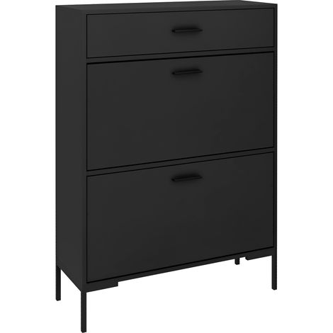 Slim Shoe Storage Cabinet with Three Drawers for 12 Pairs of Shoes-Elegant Black Design