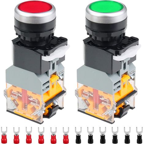 Lot de 2 interrupteurs à bouton-poussoir momentanés 220 V 22 mm 10 A bicolores (rouge/vert) LA38-11DN 1NO 1NC avec témoin lumineux LED et 12 bornes à fourche pour projets DIY (1/5)