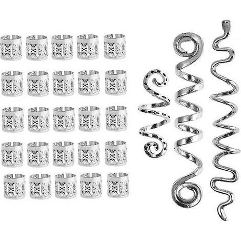 Set mit 28 silbernen Haaraccessoires im Wikingerstil – verstellbare Verschlüsse, Bartperlen, Metallspiralen für Dreadlocks – Wikinger-Haaraccessoires für Männer (1/5)