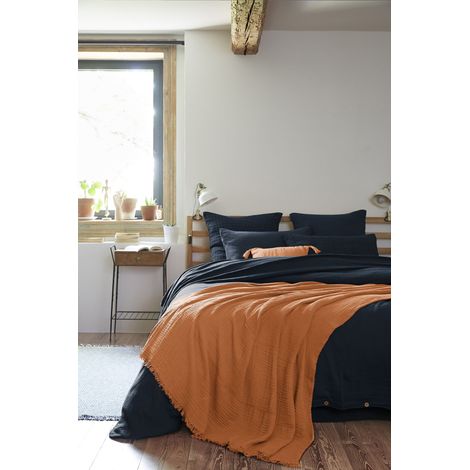 Plaid à franges 180 x 220 cm – Double gaze de coton GAÏA Abricot