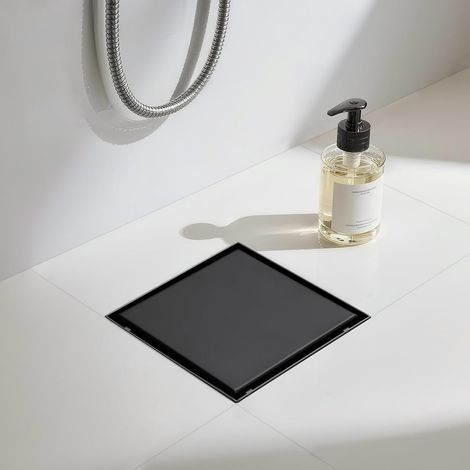 Caniveau de douche carré 15 x 15 cm, siphon à 360° avec système anti-odeurs et tamis à cheveux, noir (1/5)