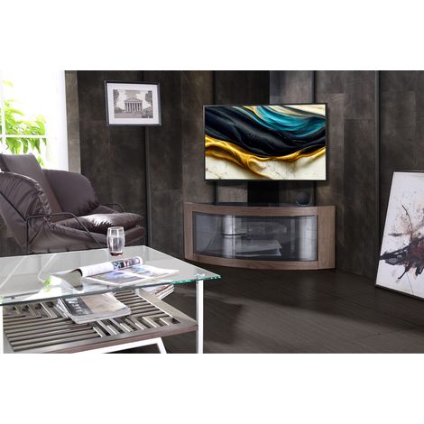 Centurion Supports PANGEA Black/Walnut Beam-Thru Curved True-Corner 32"-50" TV Cabinet with Mounting Arm (1/5)