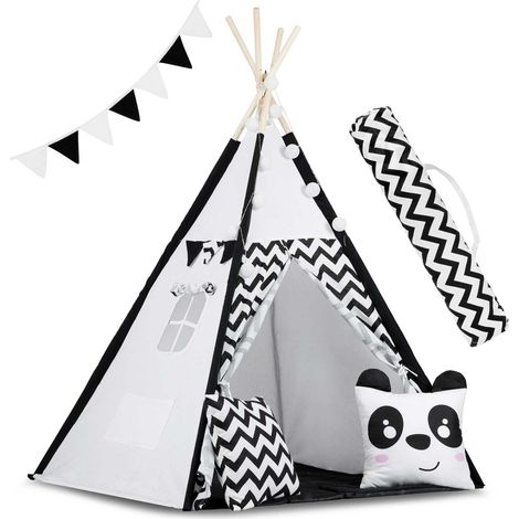 Tipi-Zelt - Spielzelt - Schwarz und Weiß - mit Kissen und Lampen