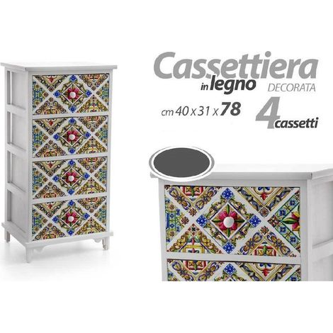 Kaela - Cassettiera Legno 4 Cassetti Mediterraneo Cucina Bagno Camera 78x40x31cm 829376 - (1/2)