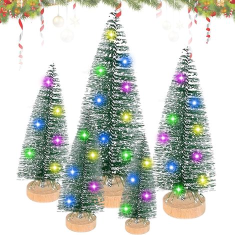 Lot de 5 mini sapins de Noël artificiels à LED - Petit sapin de Noël artificiel avec socle en bois et guirlande lumineuse - Décoration de Noël miniature - 5 tailles (1/5)