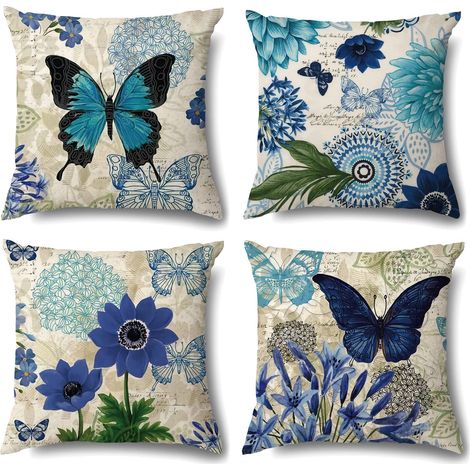 Housse de Coussin 45x45 Fleurie Papillon Décoratif Housses Coussins pour Canapé Chaise Lit Salon Lot de 4 Fleurs Bohême Turquoise Taie d'oreiller en Lin Deco Vintage - Bleu Marine