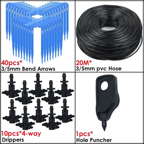(KSL01-KIT029-4WAY) Système d'irrigation goutte à goutte pour serre, 4 voies, 3/5 mm, 2 voies, avec émetteur fléché, pour plantes en pot. (1/4)