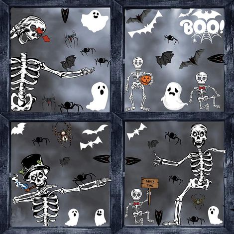 Autocollants statiques tête de mort effrayants pour Halloween, décorations amusantes et originales pour les fenêtres du salon, noir et blanc, lot de 6. (1/5)