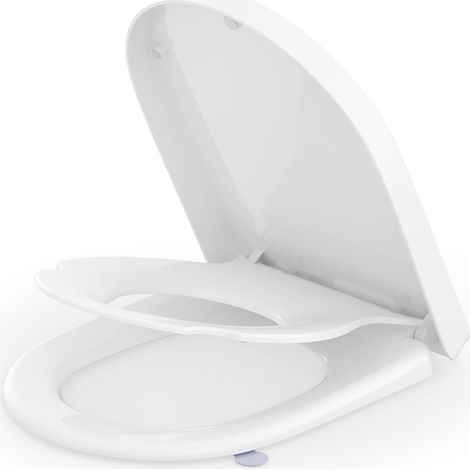 Abattant WC 2 en 1 Forme D avec Réducteur Intégré Magnétique, Frein de Chute, Charnières Réglables, Siège WC Universel D Shape, Déclipable Quick Release, 45 x 36,1 x 5 cm (1/5)
