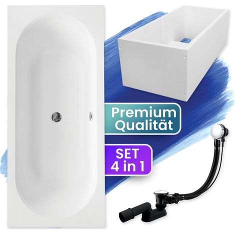 Badewanne Rechteck 150x75 mit Wannenträger, Ablaufgarnitur & Füßen GRATIS - Komplettset 4in1 Original Acryl Wanne Siphon - BADLAND VITAE (1/5)