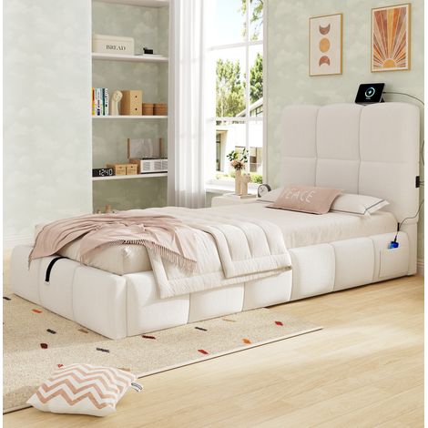 Bett 90x200 cm Kinderbett im Märchenstil aus Bouclé Beige mit Kopfteil, Lattenrost, Stauraum, Hydraulikfunktion und USB-C