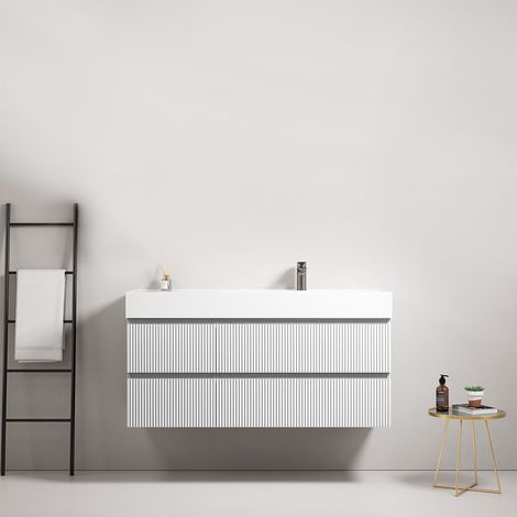 Mobile bagno sospeso cannettato 120 cm Bianco Lavabo a Destra in Resina Senza Specchio - Fiji Paint (1/4)