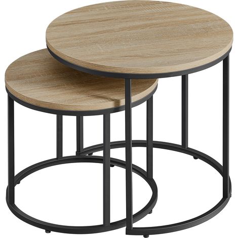 Set di 2 tavolini da caffè tondi stile industrial rovere e nero (1/4)