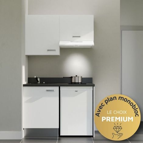 Kitchenette K01L - 120 cm - emplacements frigo top et hotte-Blanc-Nero-évier à gauche (1/5)