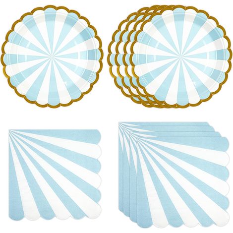 Lot de 50 Vaisselle jetable, Assiettes carton bleues, Serviettes festonnées, 17,8 cm, 33 cm, Anniversaire, Fête