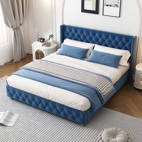 Lit capitonné 160x200 cm en velours bleu, sommier à lattes inclus, tête de lit rembourrée avec boutons décoratifs et clous, cadre de lit adulte sans matelas (1/5)