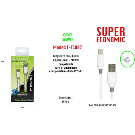 MaxTech - Maxtech Cavo Usb Simply Type-c Compatibile Per Smartphone 5volt - 2100ma F-tc007 -