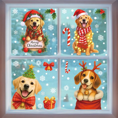 Autocollants chiots de Noël pour décorer les vitres, décorations d'ambiance de Noël, couronnes de fenêtre, boîtes cadeaux, autocollants statiques