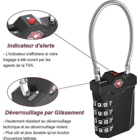 Bagagelås, TSA 4-siffrig combinaisons pour bagages avec upplåsningslarm, gymnase câbles de pshänglås (2 styles, noir)