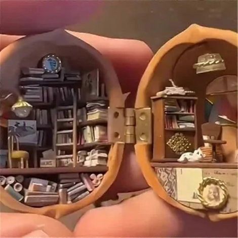 Bibliothèque miniature en coquille de noix artisanale - Maison de poupée, petit monde décoratif en noix, cadeau fait main (1/4)