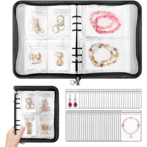 Ensemble de rangement transparent pour bijoux avec pochettes, pochettes transparentes pour boucles d'oreilles idéales pour les voyages, fermeture éclair améliorée, noir (1/5)