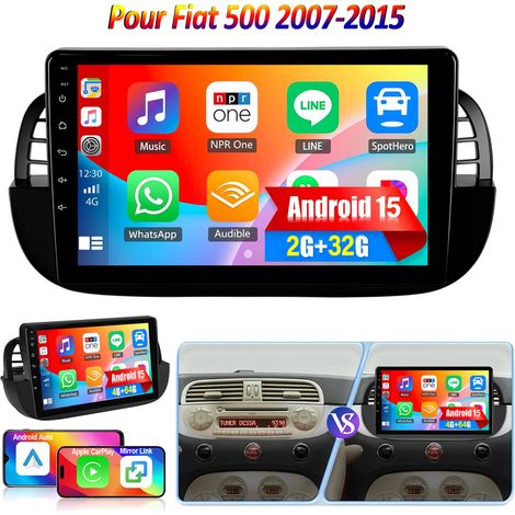 Apple CarPlay pour Fiat 500 (2007-2015) - Autoradio 9" 32/64 Go Android 15 avec GPS et Wi-Fi - 2+32G